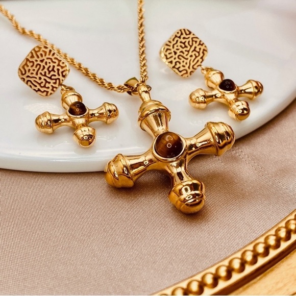 Tiger Eye Textured Square Dangle Cross Design Stud Earrings&Necklace Gold